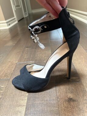 Black Suede Open-Toe Stiletto Sandals with Rhinestone Ankle Accent